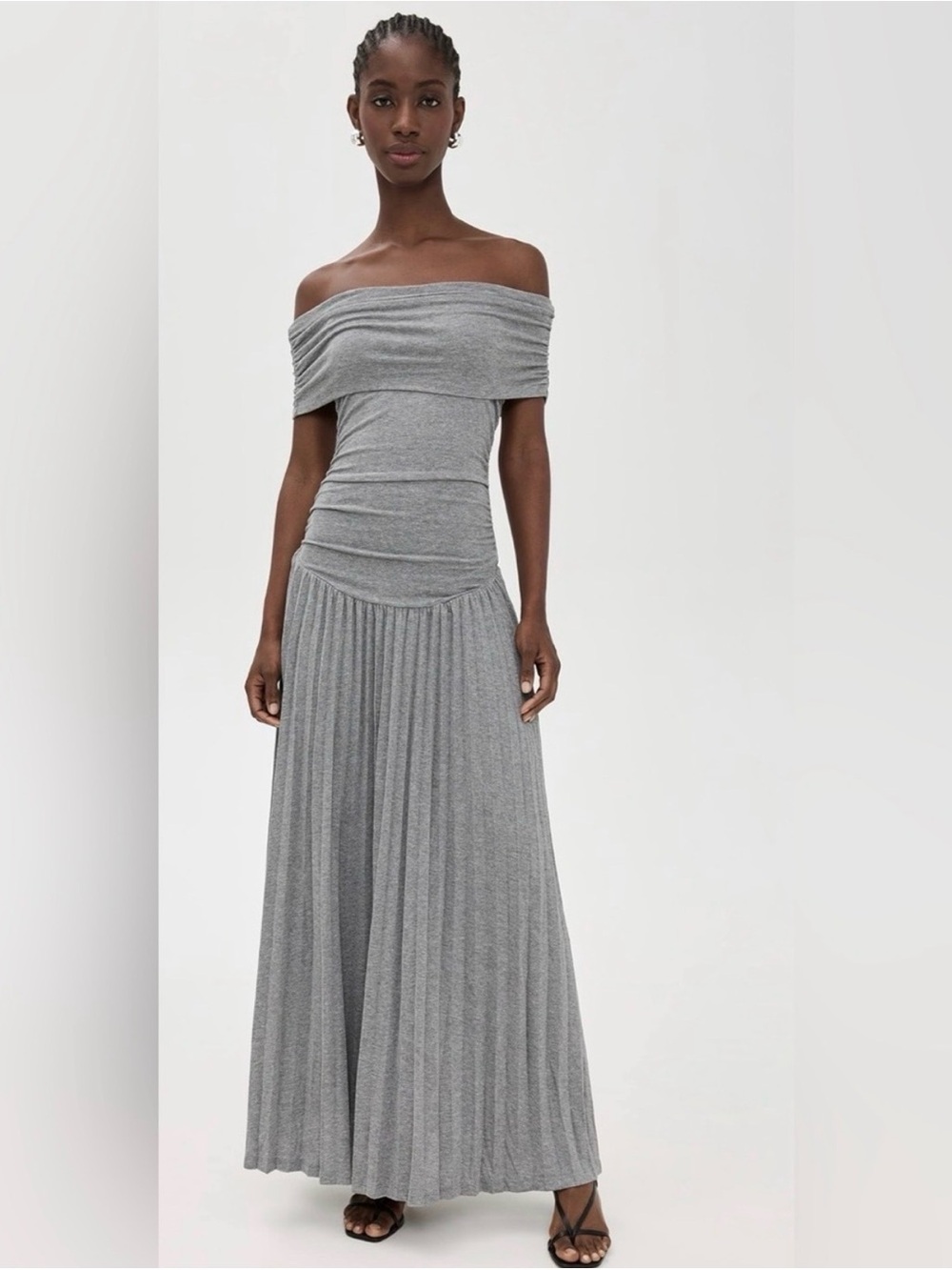 Lioness Off-Shoulder Pleated Maxi Dress in Gray
